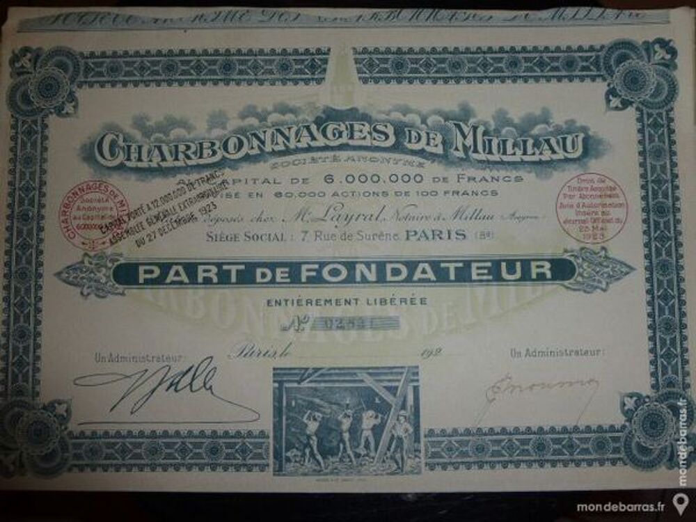 Titre Charbonnages de Millau 27 d&eacute;cembre 1923 