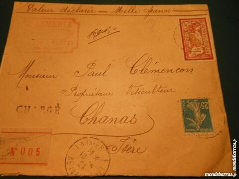 timbres sur lettre cachet�e 1924  3p46 12 Gr�zieu-la-Varenne (69)