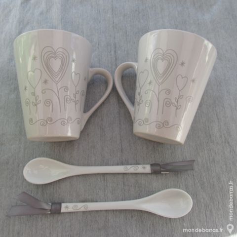 2 MUGS ARGENT//BLANC PORCELAINE Avec cuillères 10 Saint-Genis-Laval (69)