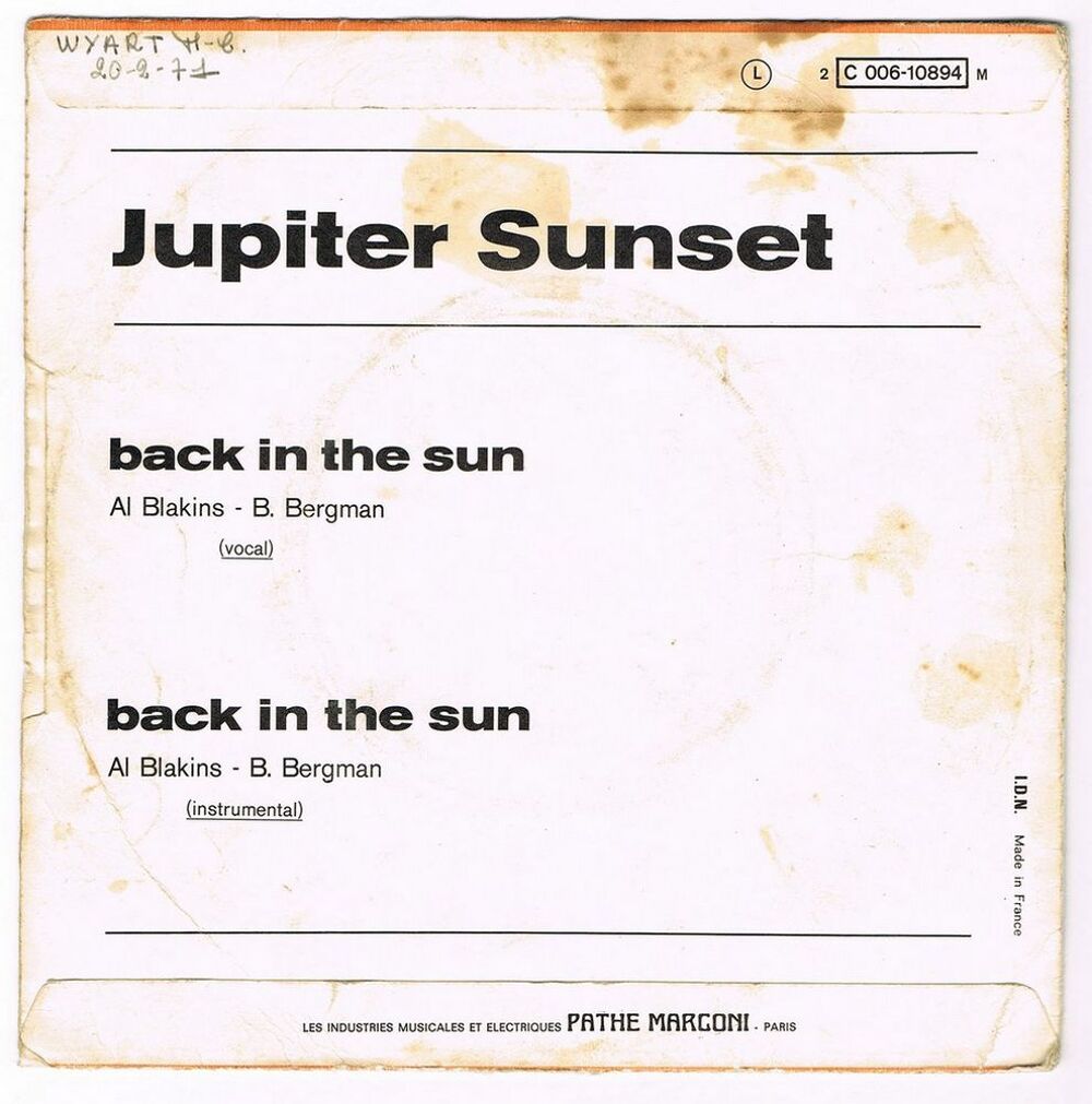JUPITER SUNSET - 45t - BACK IN THE SUN - BIEM 1970 CD et vinyles