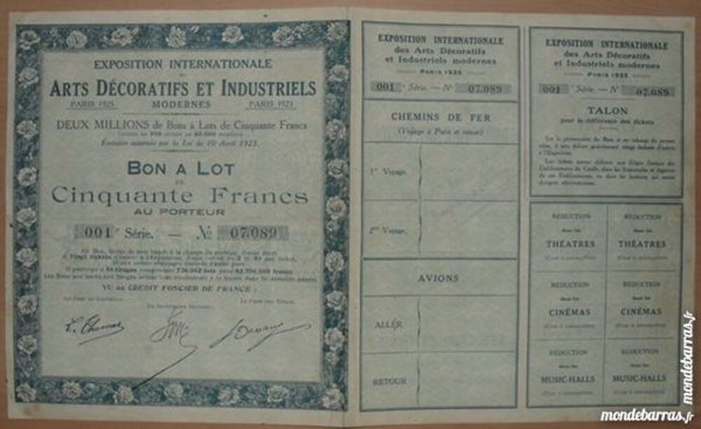 Bon &agrave; Lot de 50 Francs au porteur Paris 1925. 