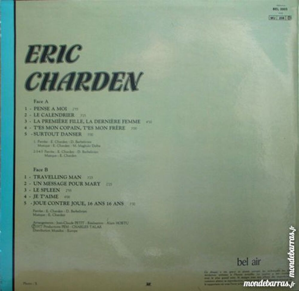 VINYL 33 tours ERIC CHARDEN - PENSE A MOI CD et vinyles