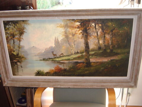  tableau signé LASTEL paysage montagne rivière cerf 350 Fontenay-le-Fleury (78)