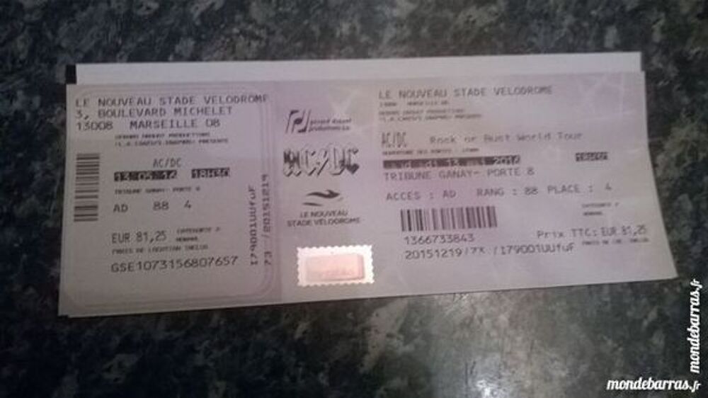 PLACE CONCERT AC/DC LE 13/05/2016 STADE VELODROME Billetterie