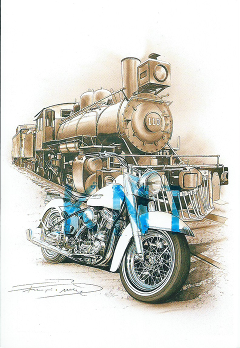  C P M Moto et locomotive dessin de F Bruère 7 Tours (37)