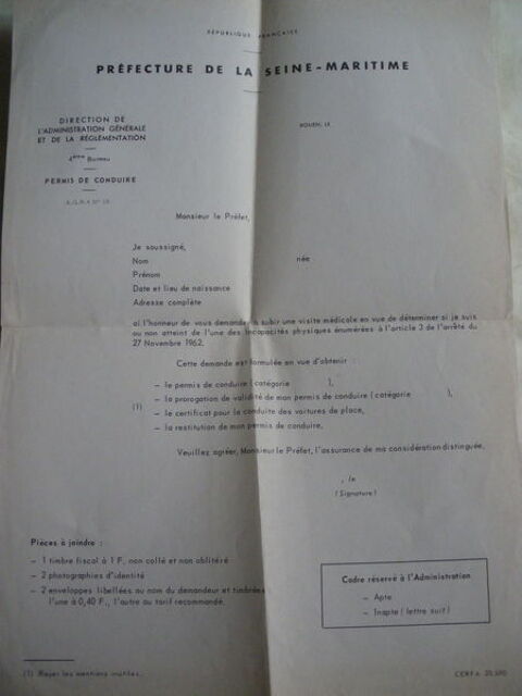 ANCIEN IMPRIME CERFA VISITE MEDICALE PERMIS DE CONDUIRE 1 Elbeuf (76)