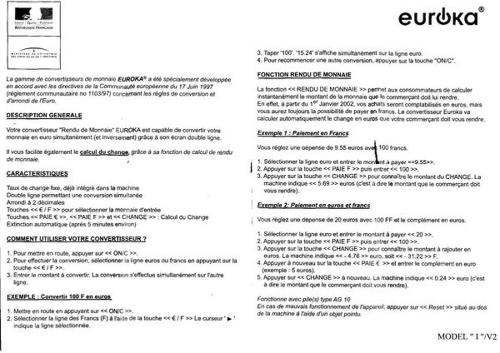 convertisseur euros francs et rendu monnaie 