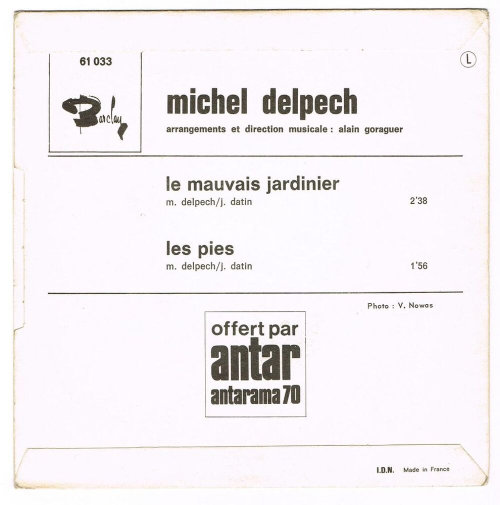 MICHEL DELPECH -45t- LE MAUVAIS JARDINIER -Promo ANTAR-BIEM CD et vinyles
