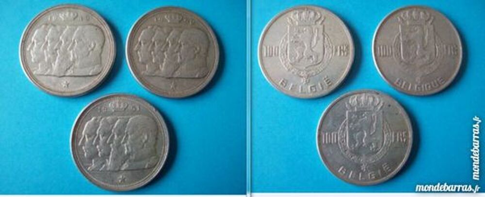 LOT DE 3 PI&Egrave;CES EN ARGENT 100 FRANCS DE BELGIQUE D 