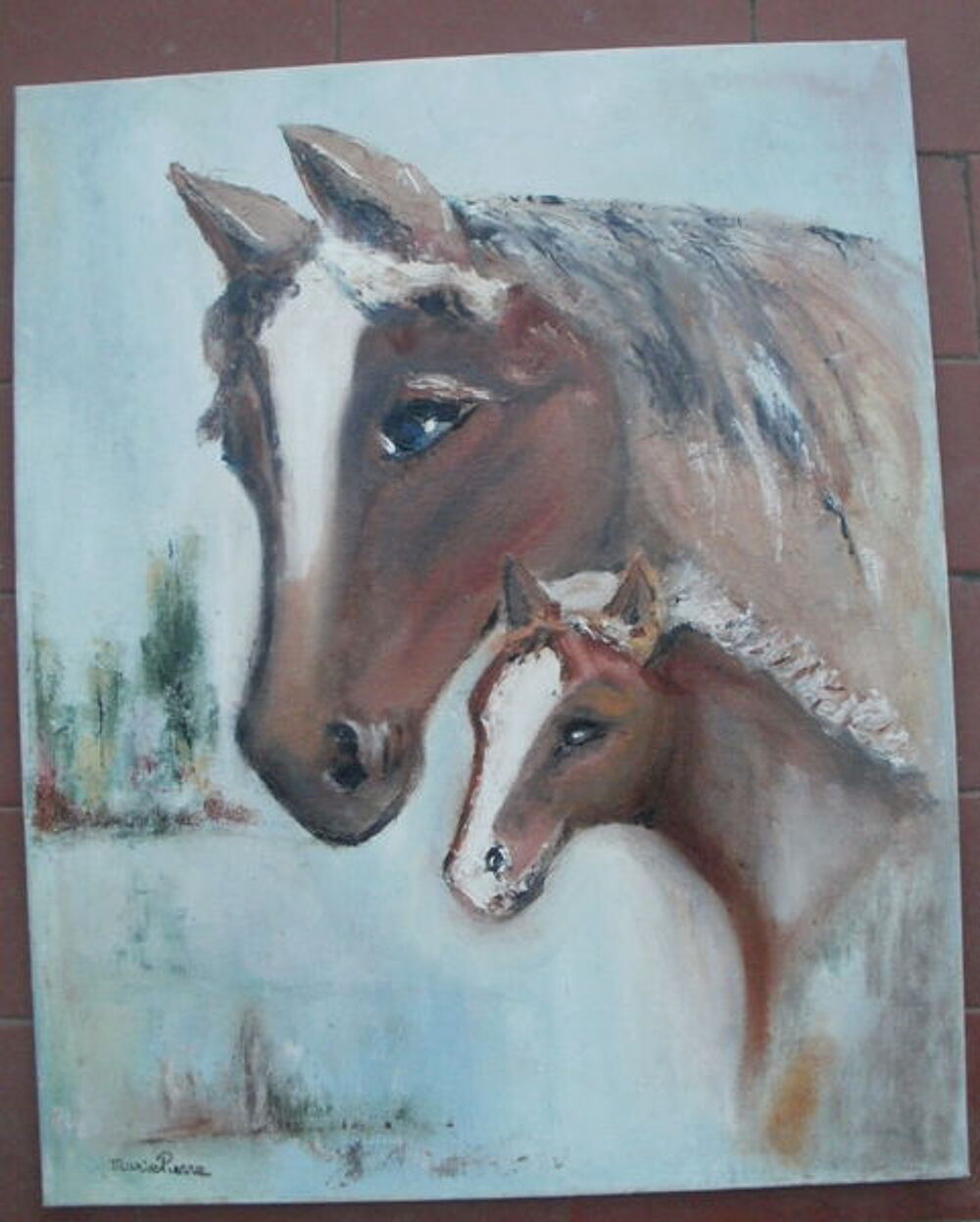Tableau sign&eacute; Marie Pierre, chevaux 33 cm x 41 cm Dcoration