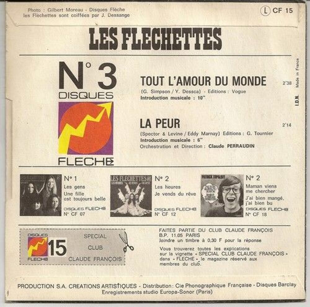 Les Fl&eacute;chettes Tout l'amour du monde / la peur CD et vinyles