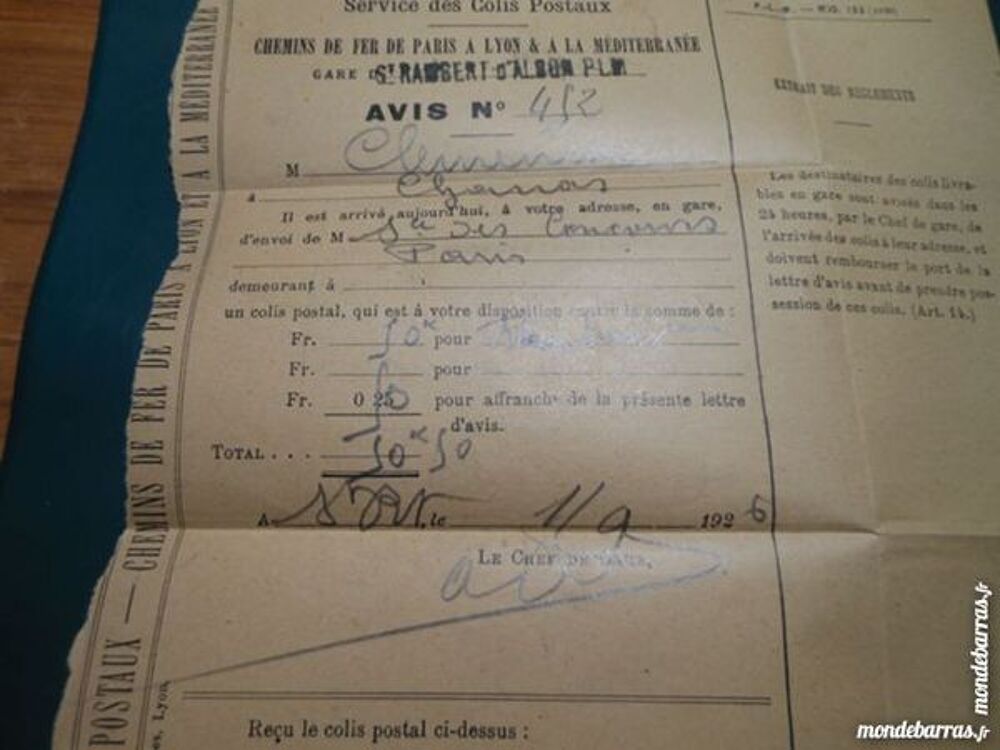 bordereau colis postaux 1926 6p45 