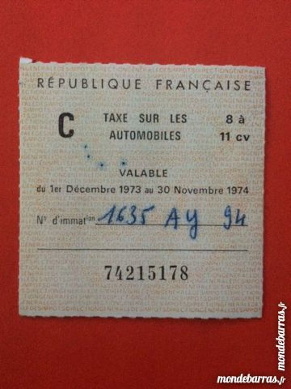 Ancienne vignette automobile de 1973 - 1974 