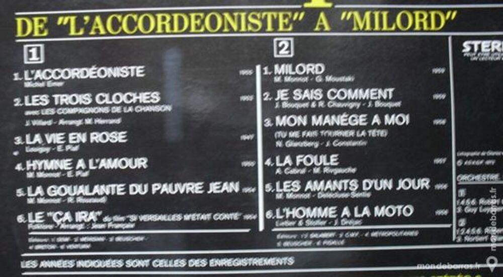 Edith Piaf vinyl 33 t de l'Accord&eacute;oniste &agrave; Milord. CD et vinyles