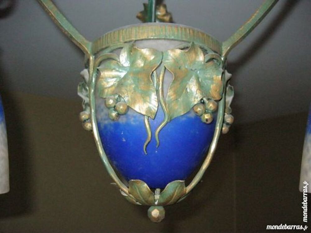 Lustre art d&eacute;co fer forg&eacute; p&acirc;te de verre Schneider Décoration