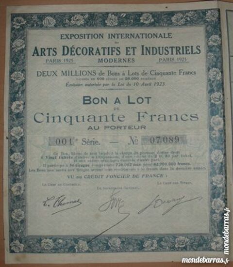 Bon  Lot de 50 Francs au porteur Paris 1925. 1 Montreuil (93)